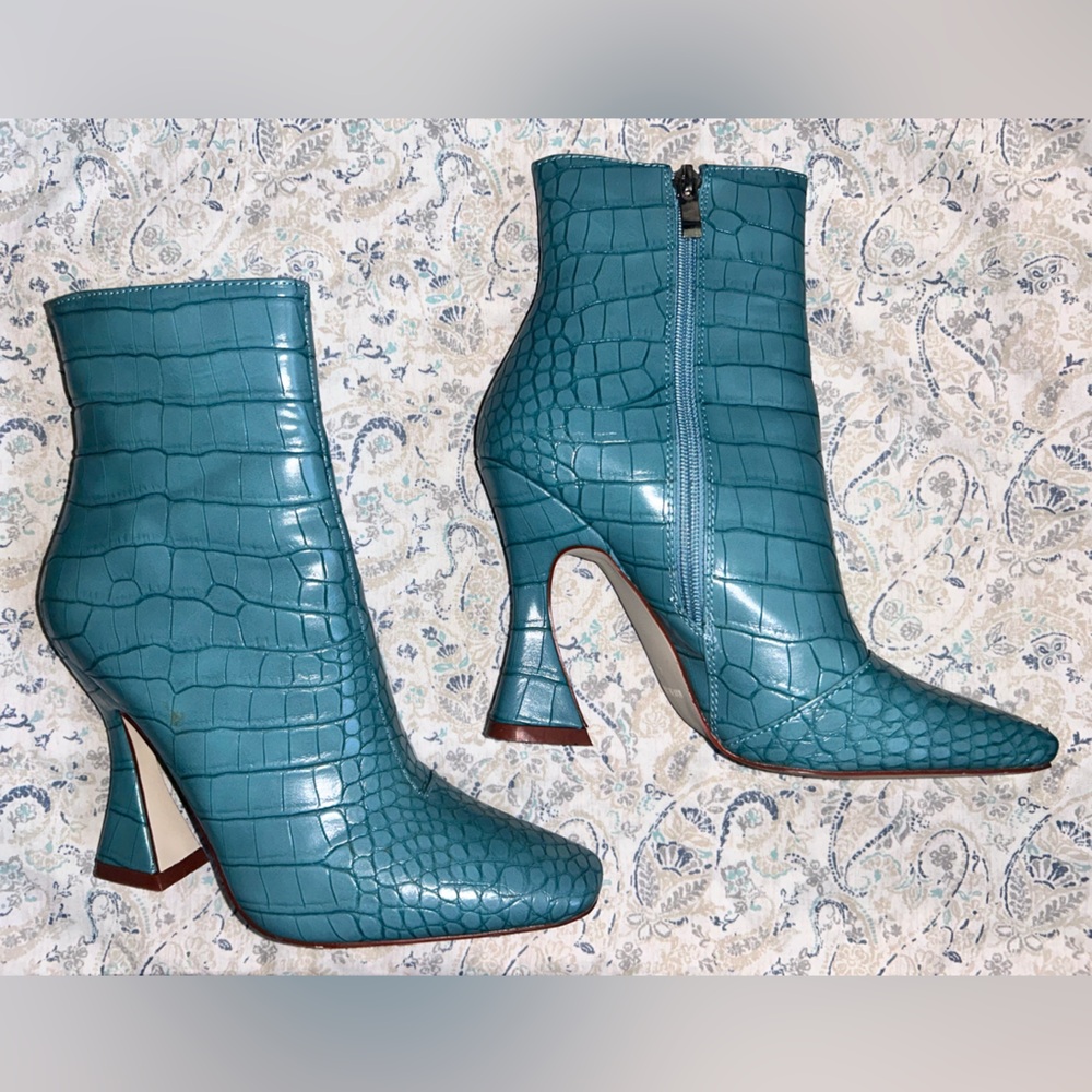 Teal Croc-Embossed Ankle Boots